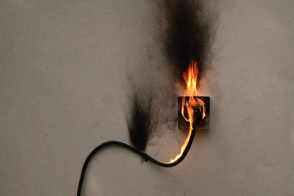 en el enchufe del cable electrico de incendios receptaculo en la pared de hormigon de fondo de hormigon expuesto