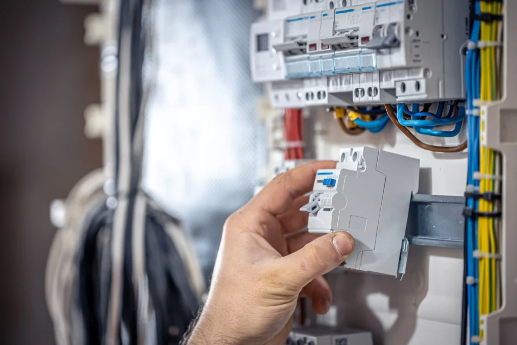 un electricista masculino trabaja en una centralita con un cable de conexion electrica